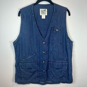 TravelSmith Utility Vest Blue Denim Buttons Pockets Fishing Hiking Women's Large